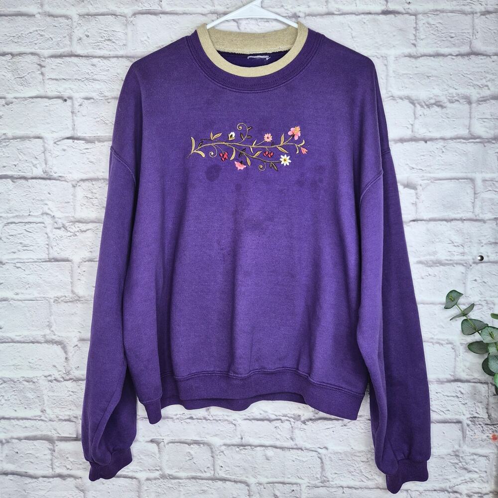 Vtg 90s Grandmacore Purple Floral Embroidered Double Collar Sweatshirt pullover